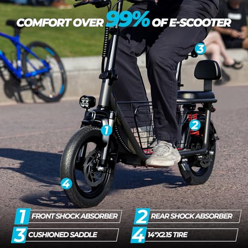WINDHORSE C3 Adults Electric Scooter with Seat - 14” Tire, 500W Brushless Motor, 3 Speed Modes, Cruise Control, Dual Suspension, 25 Mile Range, 22MPH, Adjustable E-Scooter for Teens with Basket