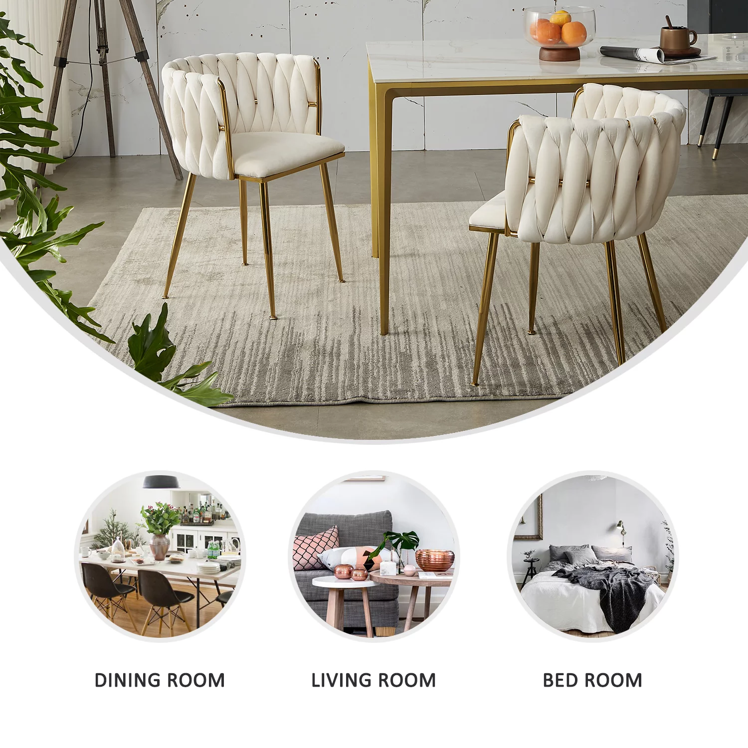 Tzicr Velvet Dining Chairs Set of 6, Modern Woven Upholstered Dining Chairs with Gold Metal Legs,Luxury Tufted Dining Chairs for Living Room, Bedroom, Kitchen (Beige)