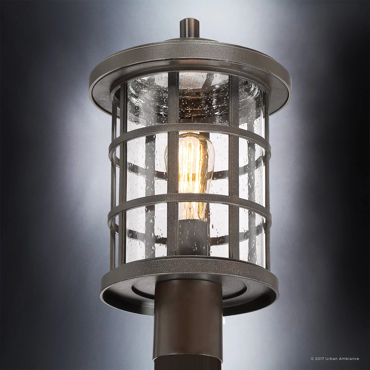 Urban Ambiance Luxury Craftsman Outdoor Post Light, Medium Size: 17.25"H x 10"W, with Tudor Style Elements, Wrought Iron Design, Oil Rubbed Parisian Bronze Finish and Seeded Glass, UQL1047