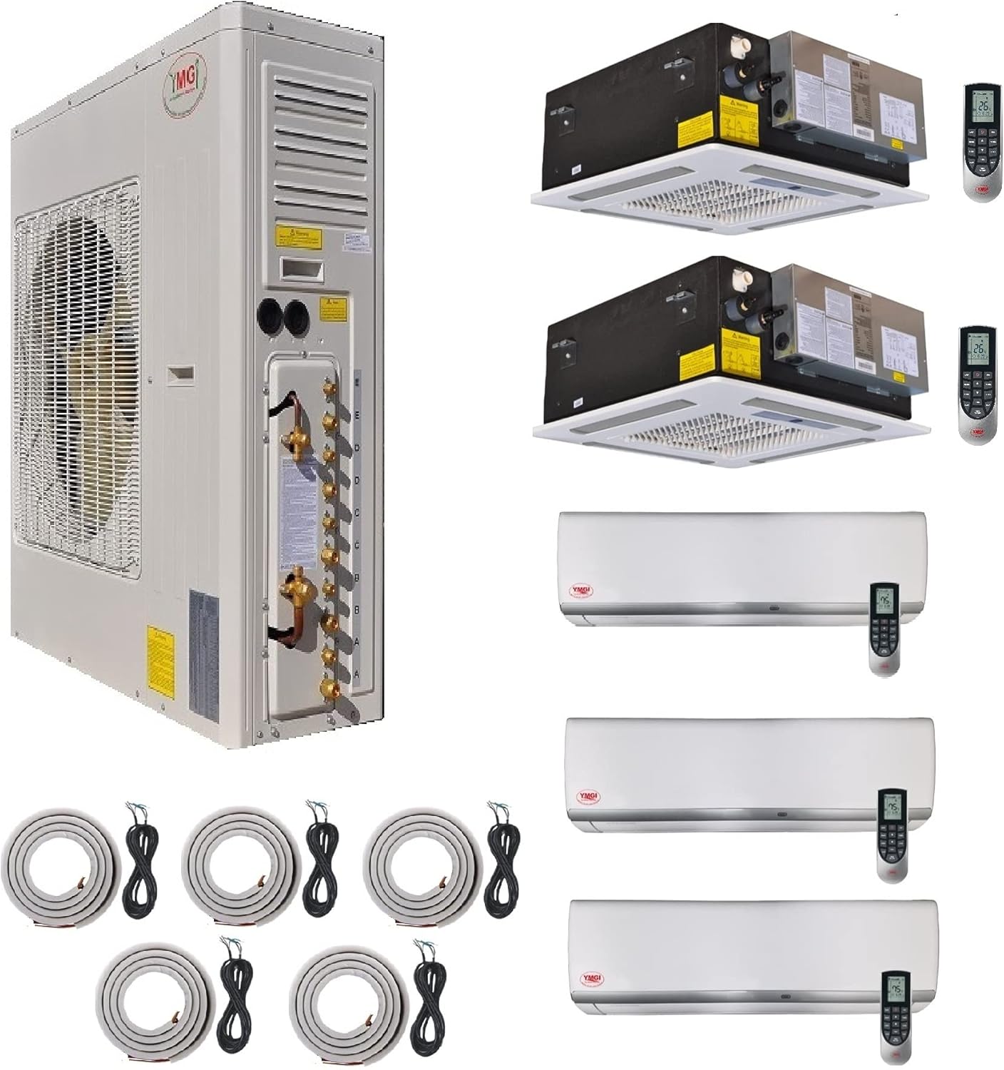 Ductless Mini Split Air Conditioner Heat Pump YMGI Five Zone 5 Zone 60000 BTU 5 Tons with Mix of Wall Mount and Ceiling Cassette for Include 25 Ft Line set