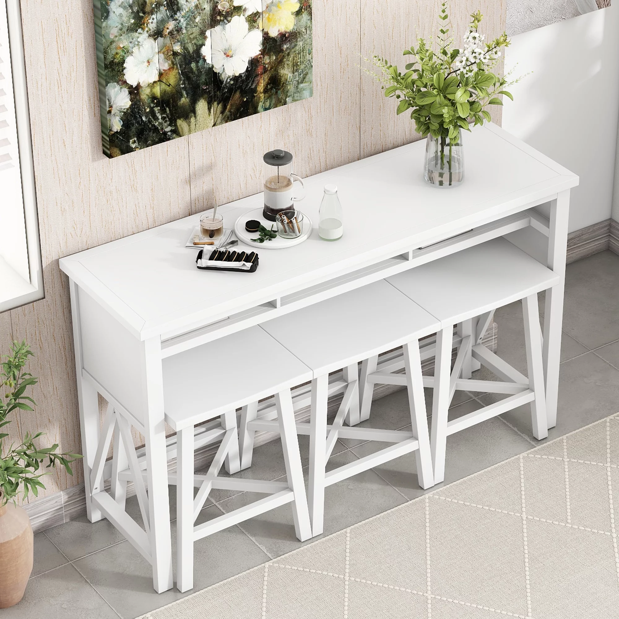 4-Piece Bar Table with Stools, Farmhouse Pub Table Set, Counter Height Dining Table Set with Functional Storage, 60” Kitchen Bar Table with 3 Stools for Small Space, White