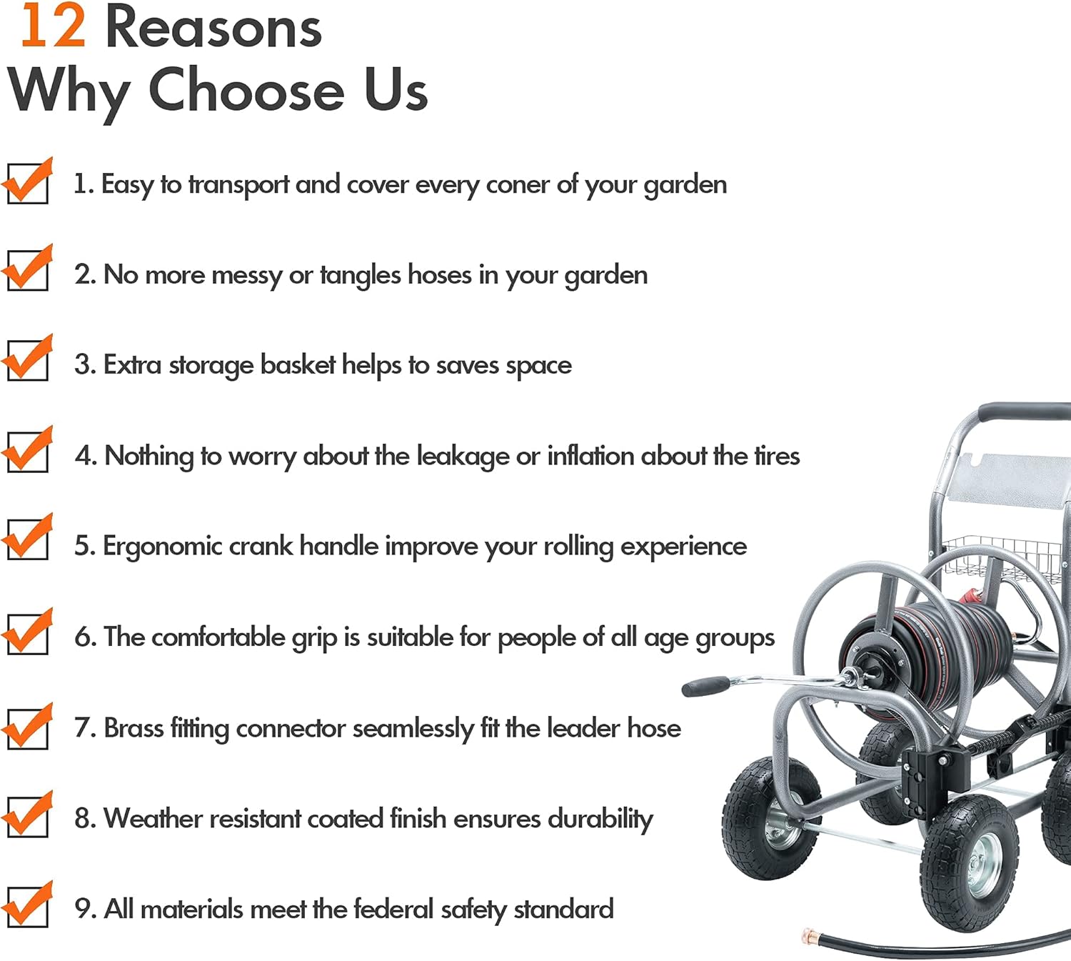 Giraffe Tools Industrial Hose Reel Cart, Heavy Duty Hose Reel with 4 Solid Wheels, Slide Hose Guide System, Holds 250-Feet of 5/8 Hose Capacity for Garden & Yard