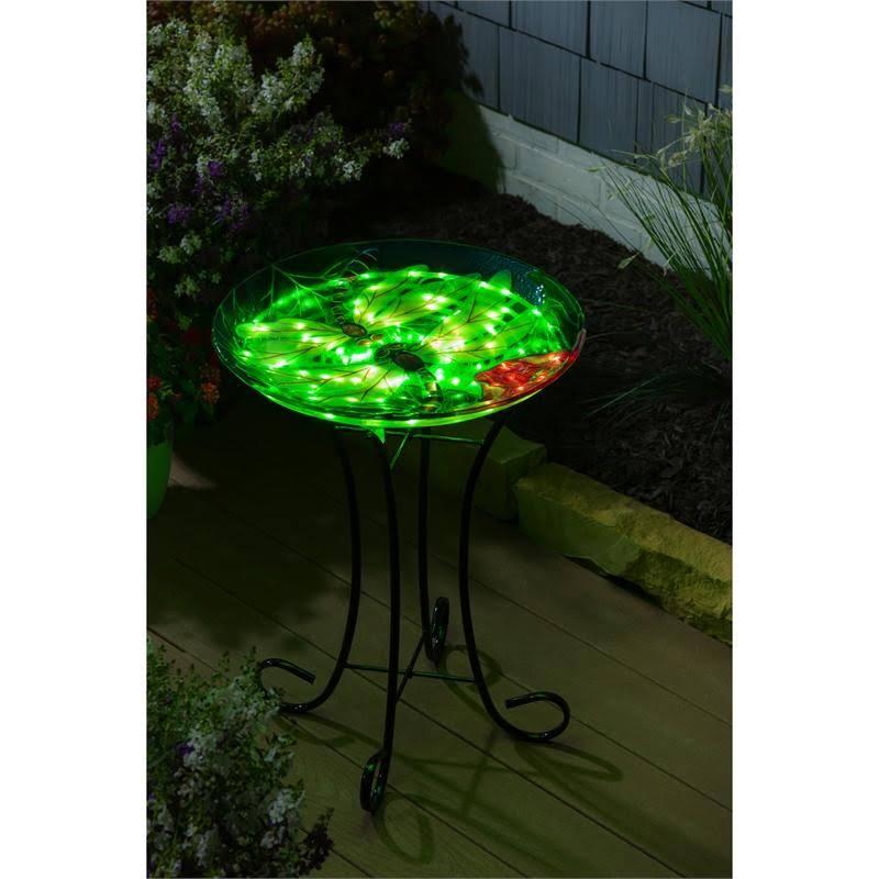 Dragonfly Duo Solar Hand Painted Embossed Glass Bird Bath with Stand