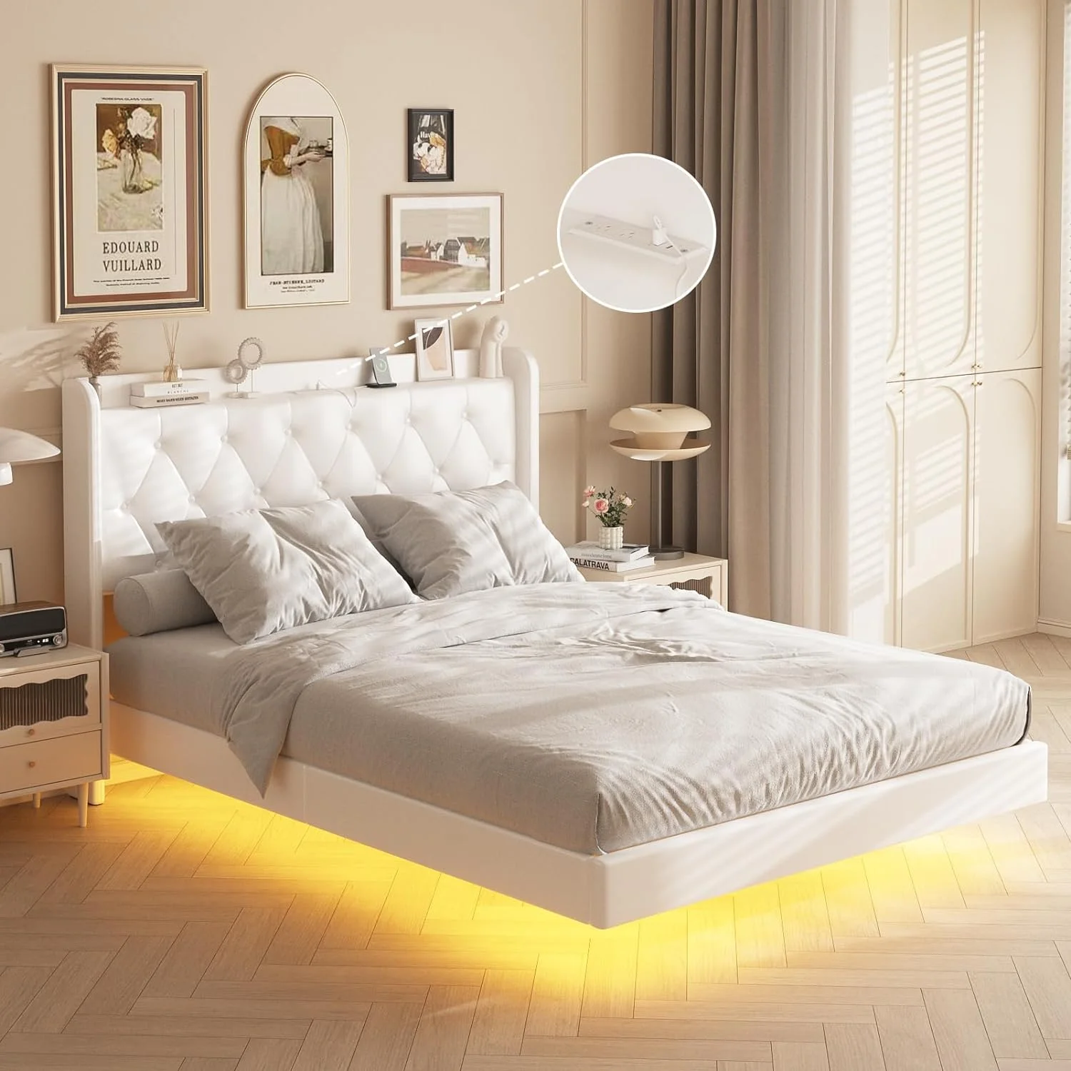 Full Size Floating Bed Frame with LED Lights, Upholstered PU Leather Platform Bed with Charging Station & Button Tufted Headboard Storage, No Box Spring Needed, White - Curated Treasures Market