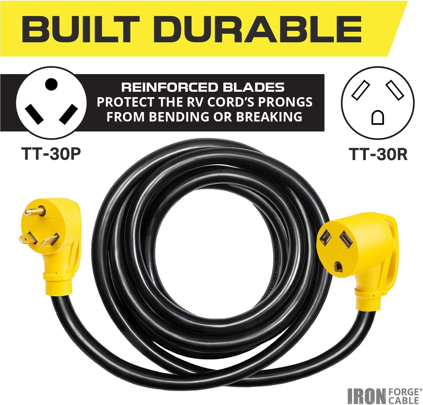 Iron Forge Cable 30 Amp RV Extension Cord 25 Ft - 10/3 STW TT-30P to NEMA L5-30R 125v RV Power Cord