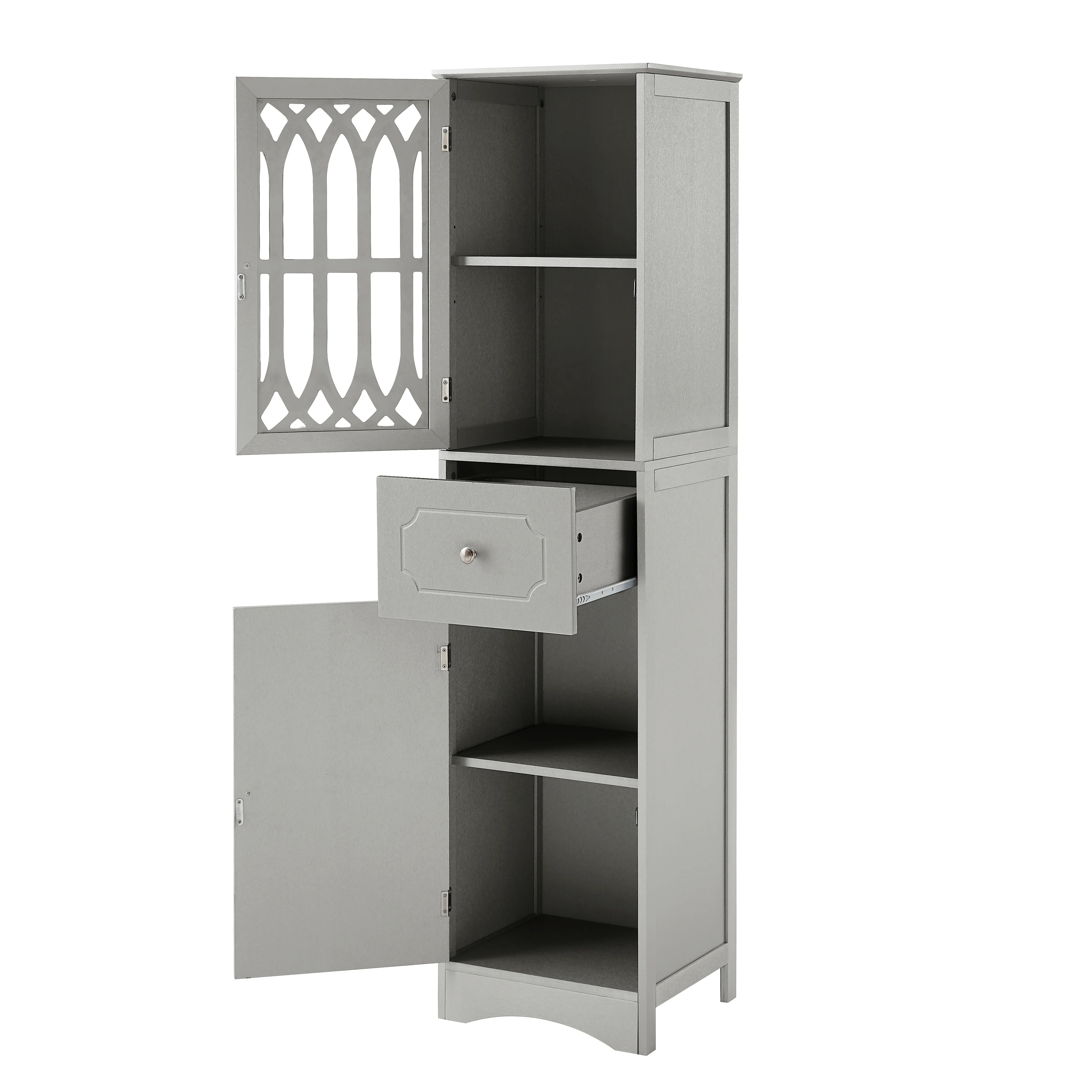 Modern Tall Bathroom Storage Cabinet with Doors Drawers, Wood Floor Freestanding Organizer for Bedroom Living Room
