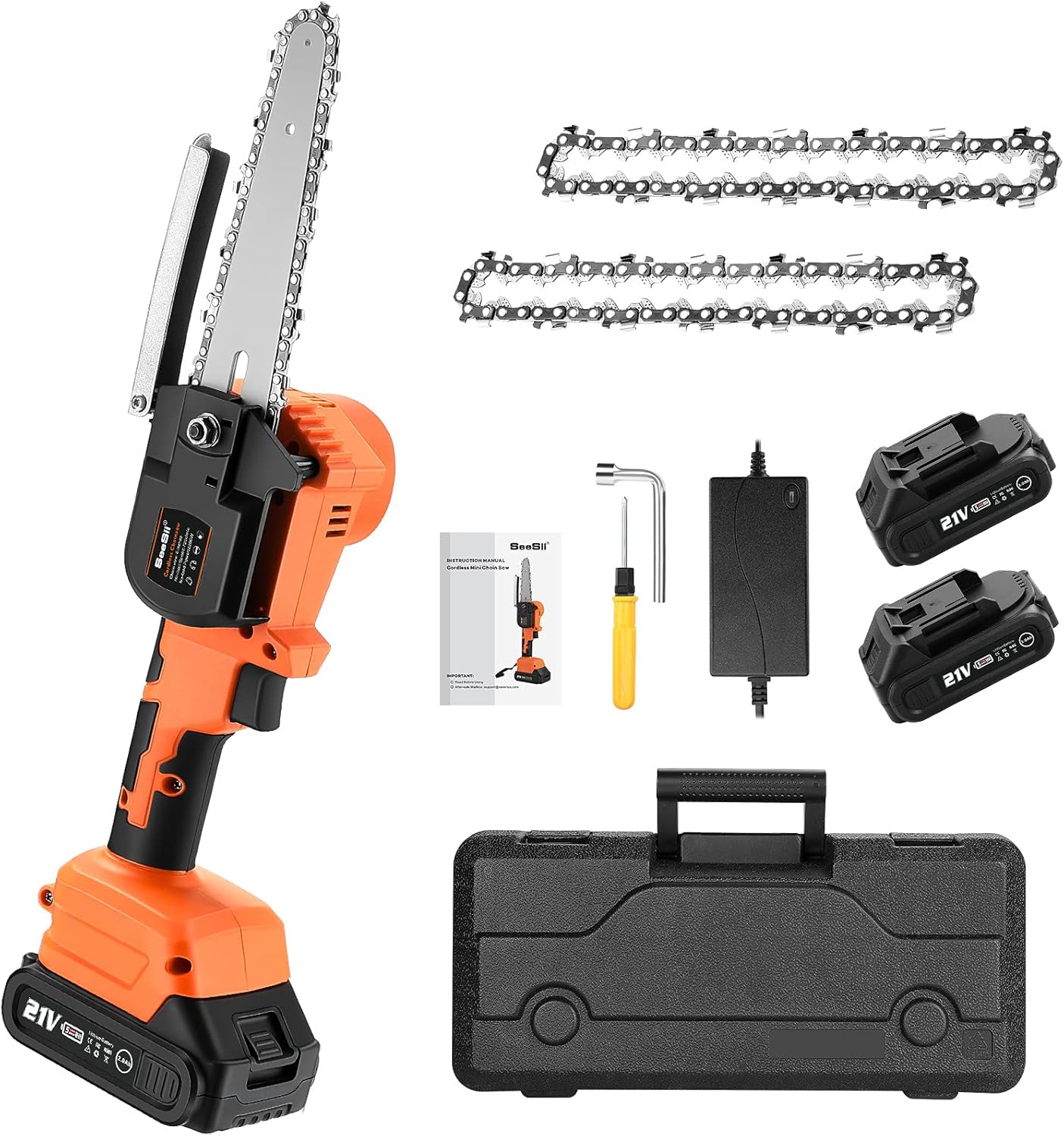 6" Mini Chainsaw, Seesii Portable Cordless Electric Power Chain Saw w/ Tool-free Chain Tension, Battery Indicator, 2022 Battery Operated Chainsaw for Tree Branch Wood Cutting Pack of 2