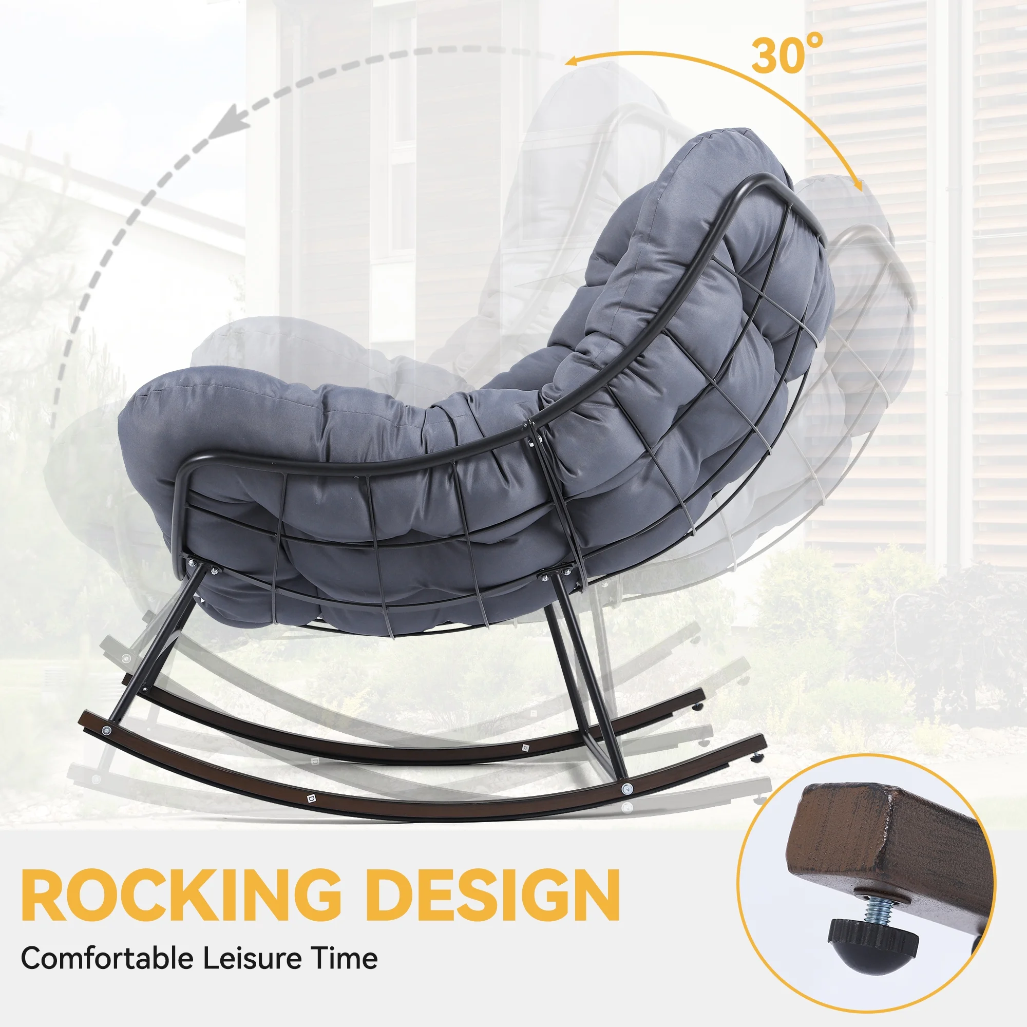 Dextrus Extra-large Papasan Rocking Chair, Cushioned Outdoor and Indoor Seating, Cozy Lounge Chair with Plush Padding for Master Bedroom, Family Room, Backyard Oasis,Terrace, Courtyard (Gray)