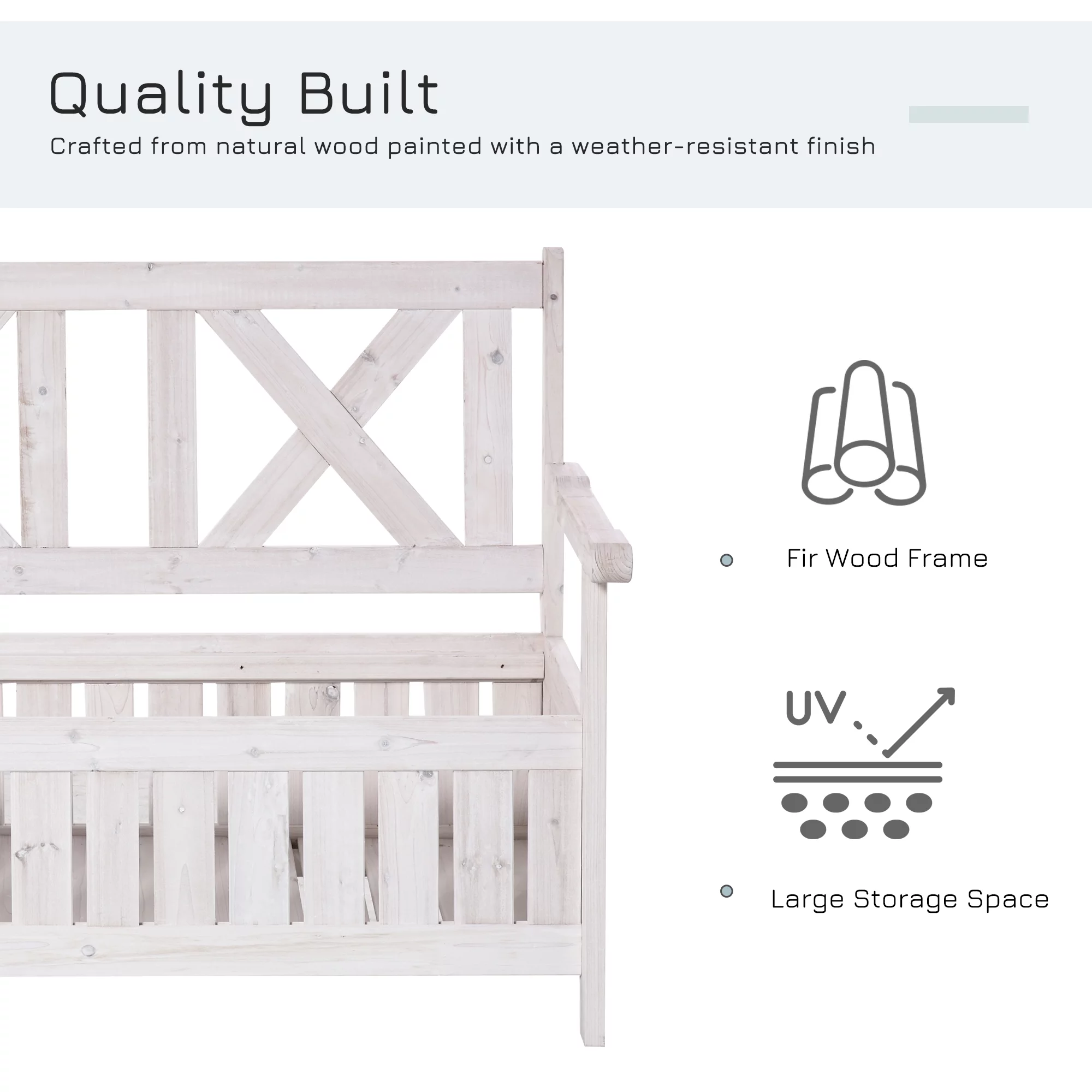 Outsunny Patio Wooden Bench with Storage Box, 29 Gallon Outdoor Storage Bench, Large Entryway Deck Box w/ Unique X-Shape Back, for Deck, Porch & Balcony, White