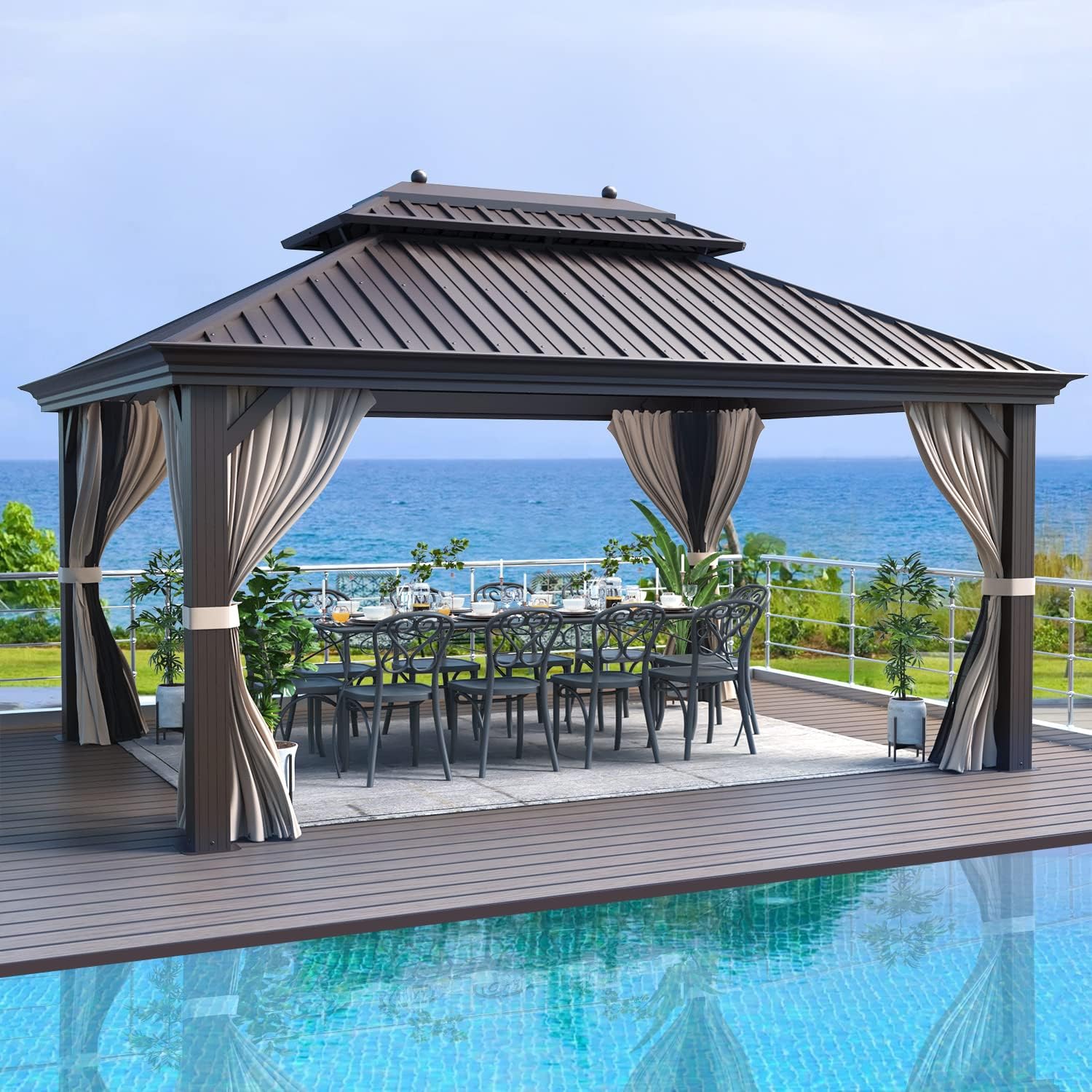 EROMMY Hardtop Gazebo Galvanized Steel Outdoor Gazebo Canopy Double Vented Roof Pergolas Aluminum Frame with Netting and Curtains for Garden,Patio,Lawns,Parties (10'x 13')