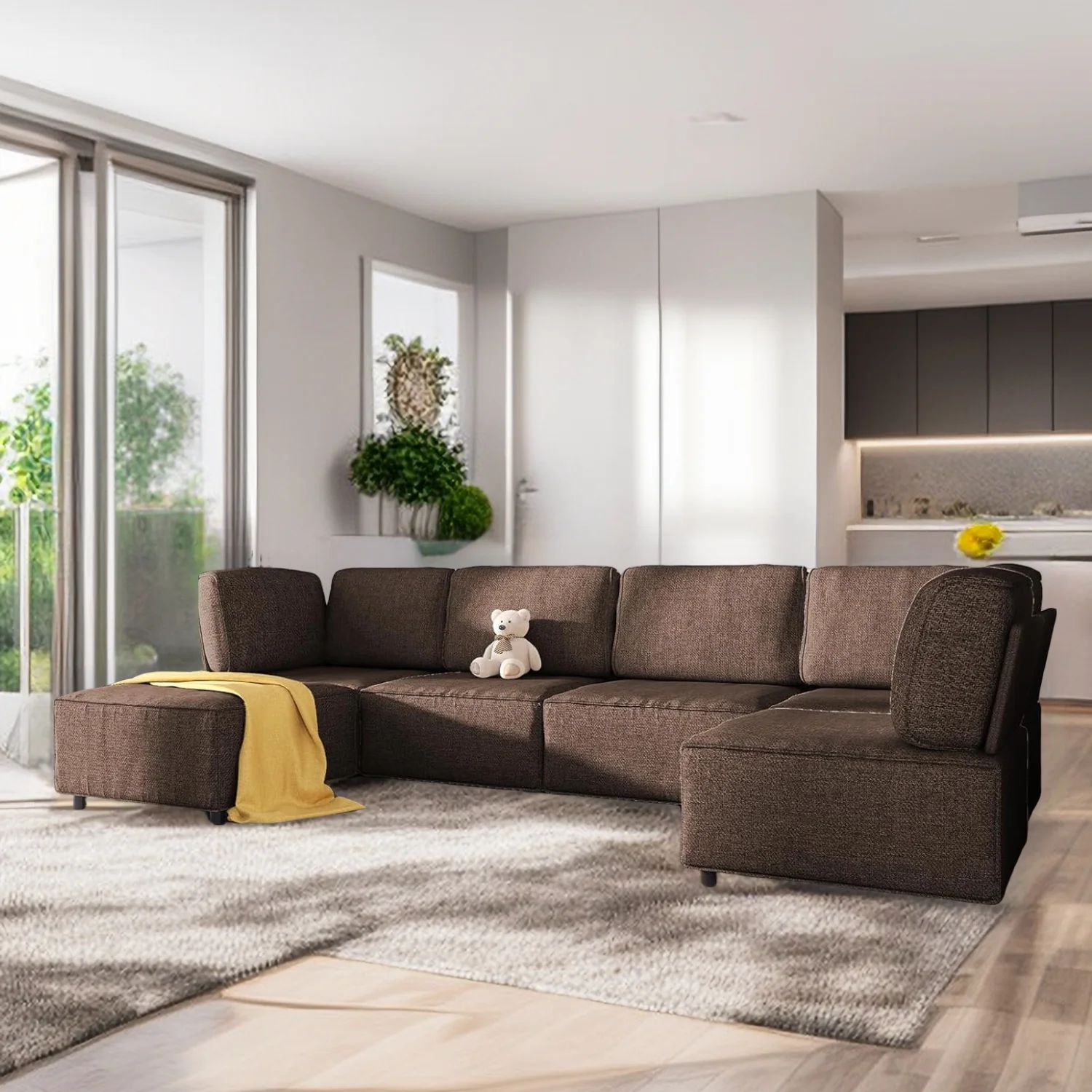 BALUS 120"W Sectional Sofa, Soft Cozy Lounge, Convertible Modular Long Couches, Free Combination U/L Shape, Linen Fabric, Real Wood Frame and Foam Seaters, Pets Friendly, for Apartment, 6PCS Brown