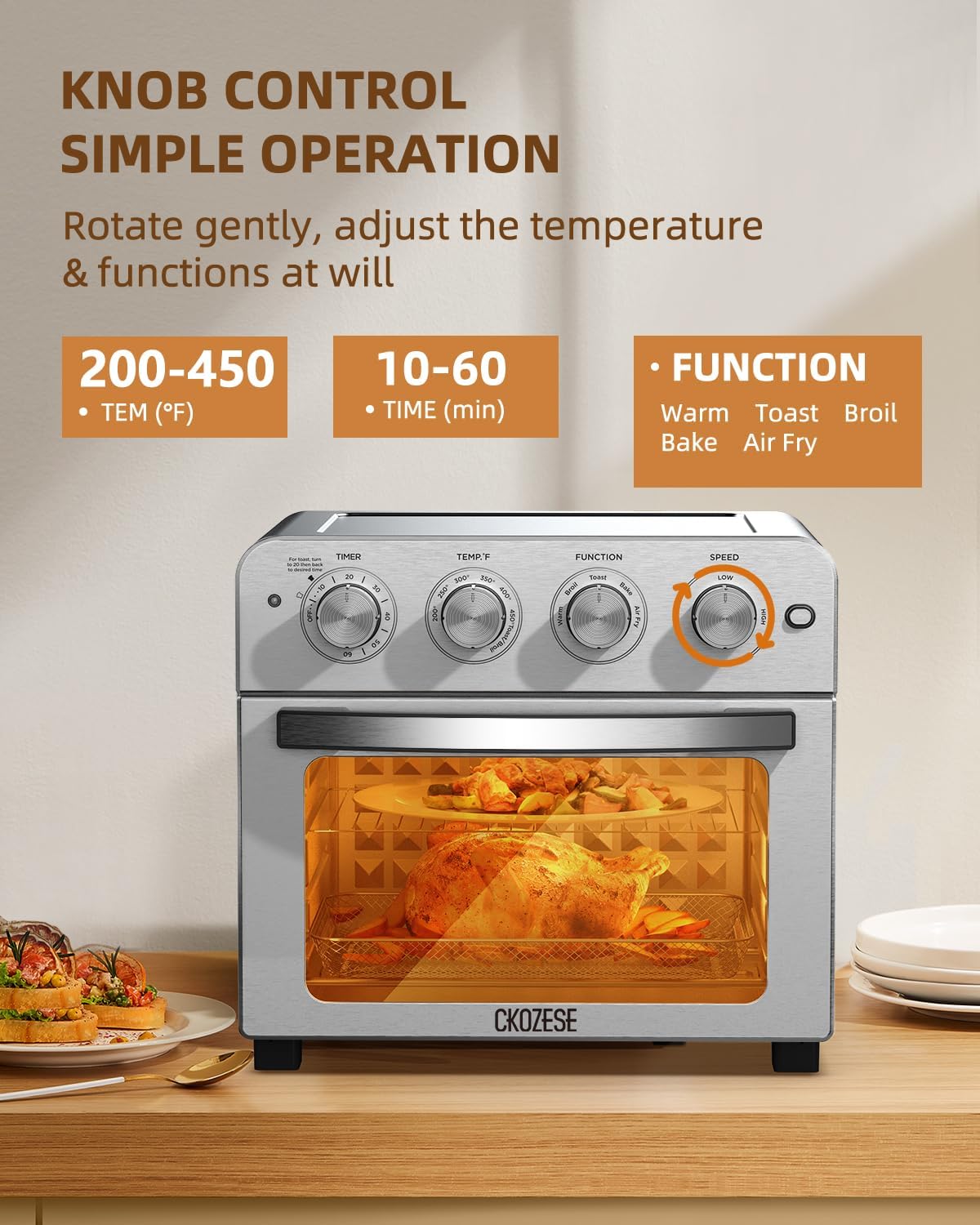 Air Fryer Toaster Oven Combo, 22QT Air Fryer Oven, 5-In-1 Toaster Oven Air Fryer Combo With Warm, Broil, Toast, Bake, Air Fry, Toaster Convection Oven Oil-Free, Stainless Steel Air Fryer