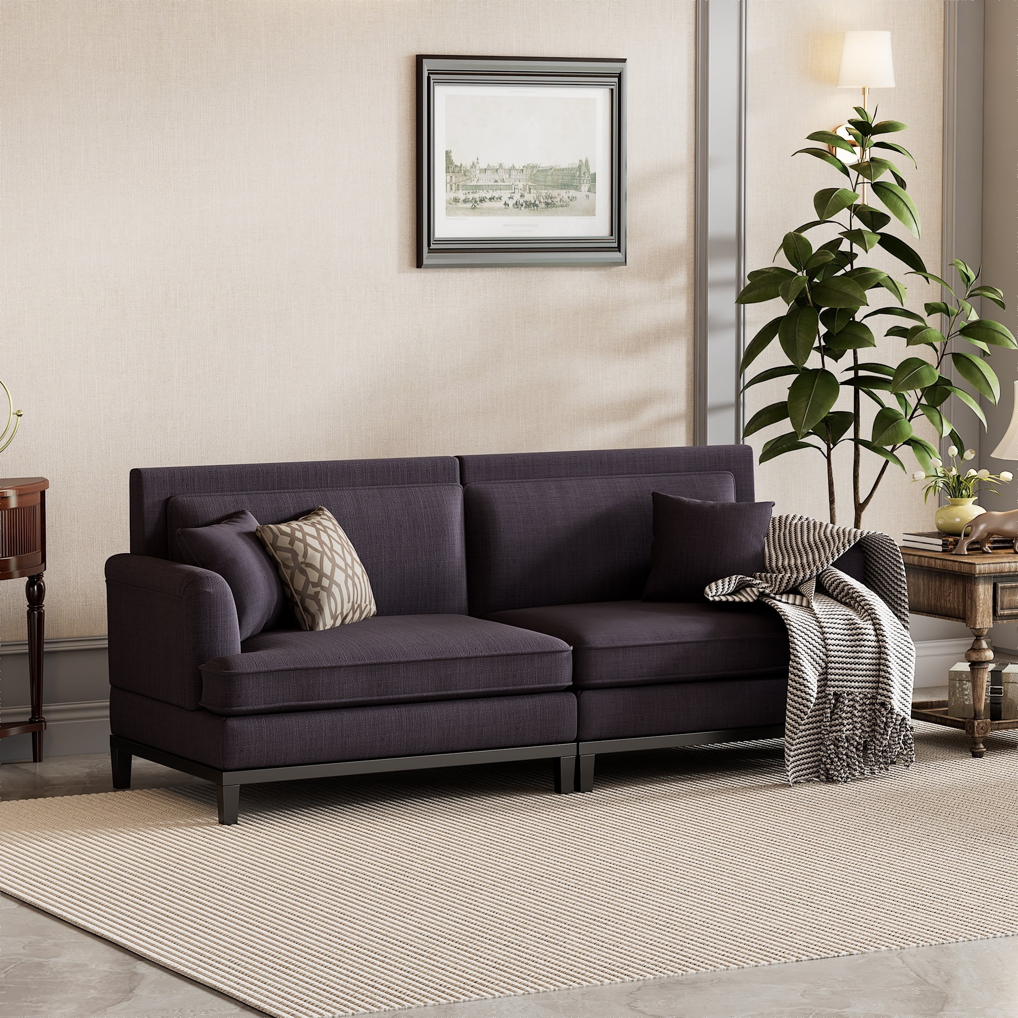 Country Grey Sleeper Loveseat w/ 2 Throw Pillows, Armrest Wrinkles Straight Row Couch, Recliner Sofa with Removable Cushions