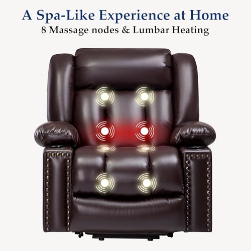 Large Power Lift Chairs Recliners for Elderly with Heated and Massage, Overstuffed Adjustable Lift Chairs, 3 Positions, Breathable Leather, USB-A and USB-C, Cup Holder, Side Pocket Dark Brown