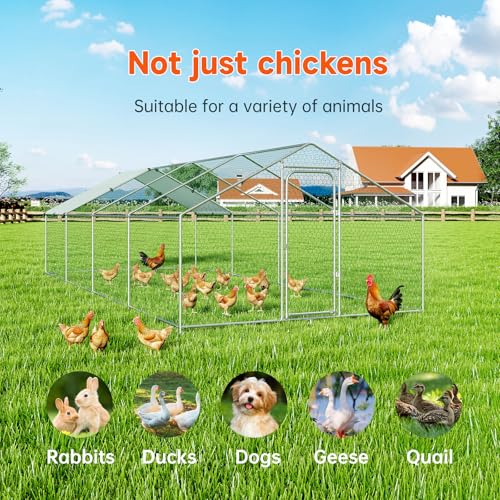 Large Metal Chicken Coop, Chicken Run Poultry Cage Hen with Water-Resident and Anti-UV Cover for Duck Rabbit House Outdoor Walk-in Chicken Pen for Yard, Dome Roof(10’ W x 19.7’ L x 6.4’ H)