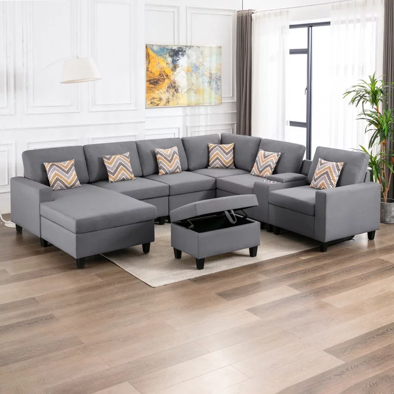 Lilola Home Nolan Linen Fabric 8Pc Reversible Chaise Sectional Sofa with Interchangeable Legs, Pillows, Storage Ottoman, and a USB, Charging Ports, Cupholders, Storage Console Table-Color:Gray