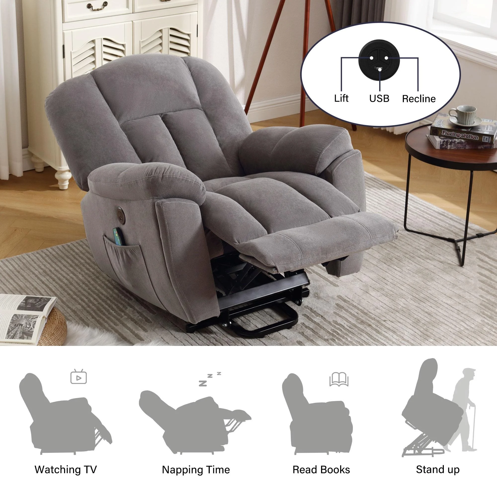 24.4" Wide Large Power Lift Recliner Chair, BTMWAY Oversize Electric Lift Recliners for Elderly with Heat and Massage, 3 Position Electric Recliner Chair for Home Use with Hidden Cup Holder, Gray