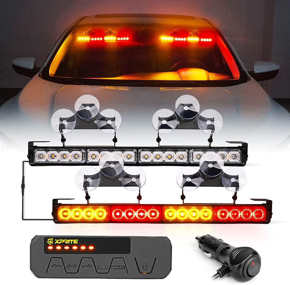 Xprite Emergency Traffic Advisor Strobe Dual Light Bar, White Amber LED Interior Windshield Visor Deck Safety Hazard Warning Caution Flashing Lightbars w/Control Box, for Construction Vehicles Trucks Pack of 2