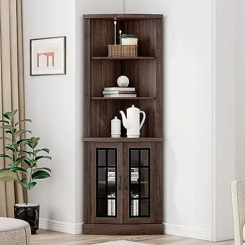 TQNLKGZ Curved Corner  Cabinet  65'' Tall Freestanding Bookcase with Glass Doors &amp; Adjustable Shelves  5-Tier Corner Display Cabinet for Living Room  Washed Grey (CSC129B) - Curated Treasures Market