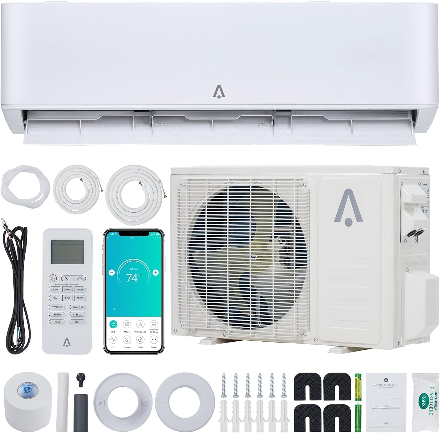 Split Air Conditioner 12,000Btu, ACONEE Split AC/Heating System 23 SEER Split-System Air Conditioner Inverter Wall Mount Ductless Split A/C, Cools Up to 750 Sq. Ft, Full 16.4 ft Installation Kits