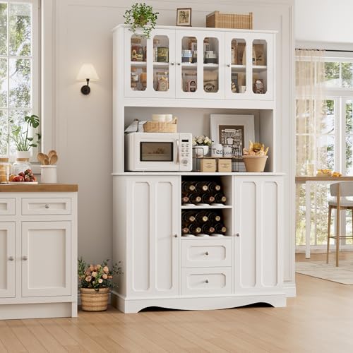 HORSTORS 70" Tall Pantry Cabinet, Kitchen Hutch with Microwave Stand, Modern Kitchen Storage Cabinet with 2 Drawers, Food Pantry with Wine Rack for Dining Room, Living Room, White