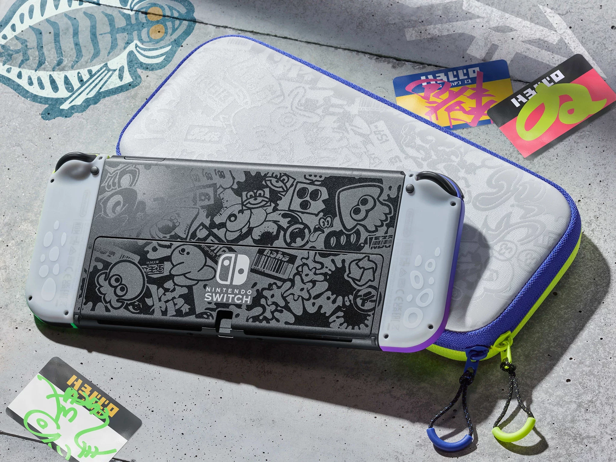 2022 Nintendo Switch OLED Splatoon 3 Limited Edition with Splatoon 3 Game, Blue & Yellow Gradient Joy-Con 64GB Console, LAN-Port Graffiti-themed Dock, Mytrix Bamboo Wireless Pro Controller & Accessory