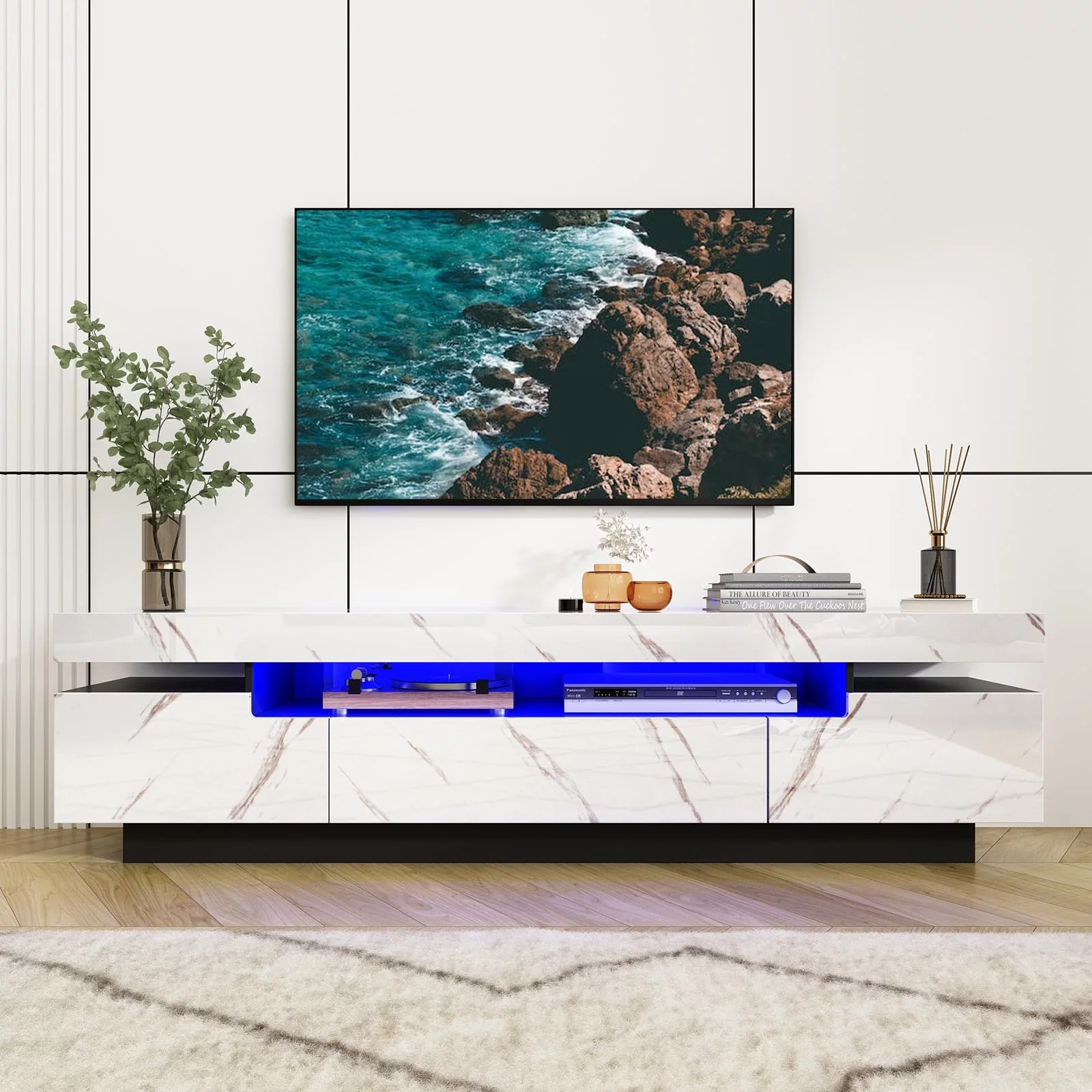 ChVans Led TV Stand for 85/80/75 inch TV, 70.9IN High Gloss Modern LED TV Stand with Storage, Entertainment Center with APP RGB Light,Television Stands for Living Room, White Marbling