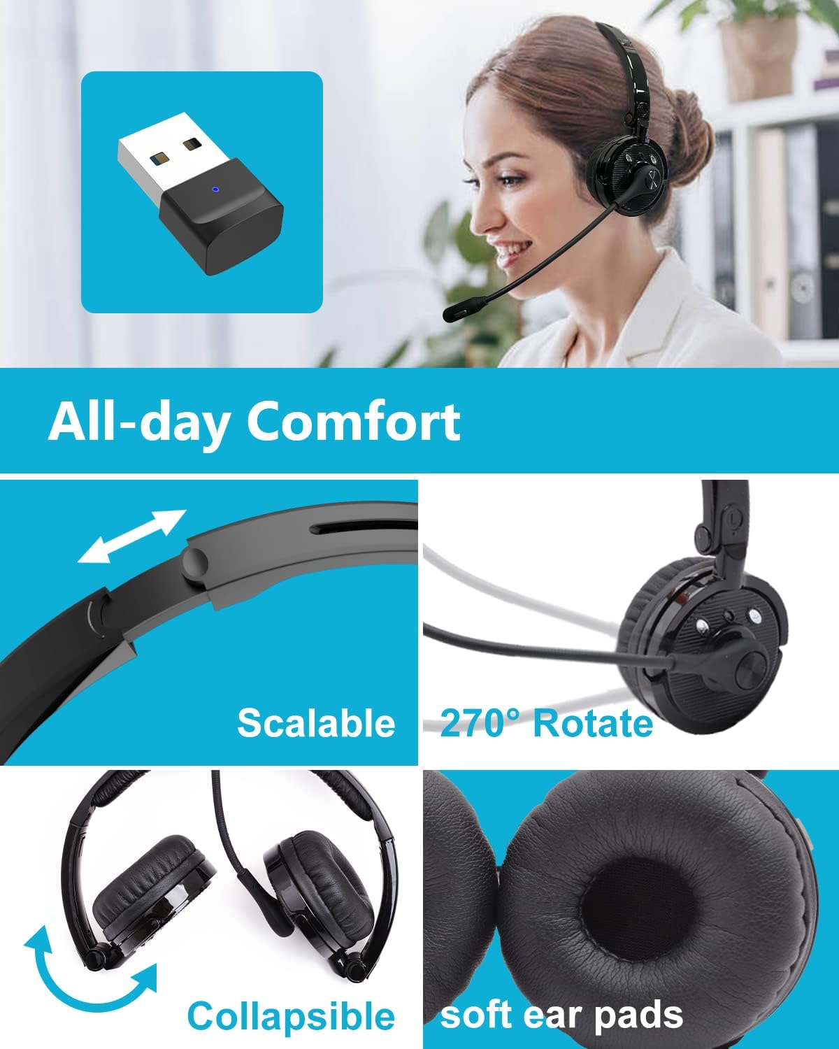 Bluetooth Headphones with Microphone USB Dongle/Adapter, ASIAMENG Wireless Bluetooth Headset with Noise Cancelling Mic Mute Button Clear Sound for Computer PC Laptop Cell Phones Office Home Pack of 2