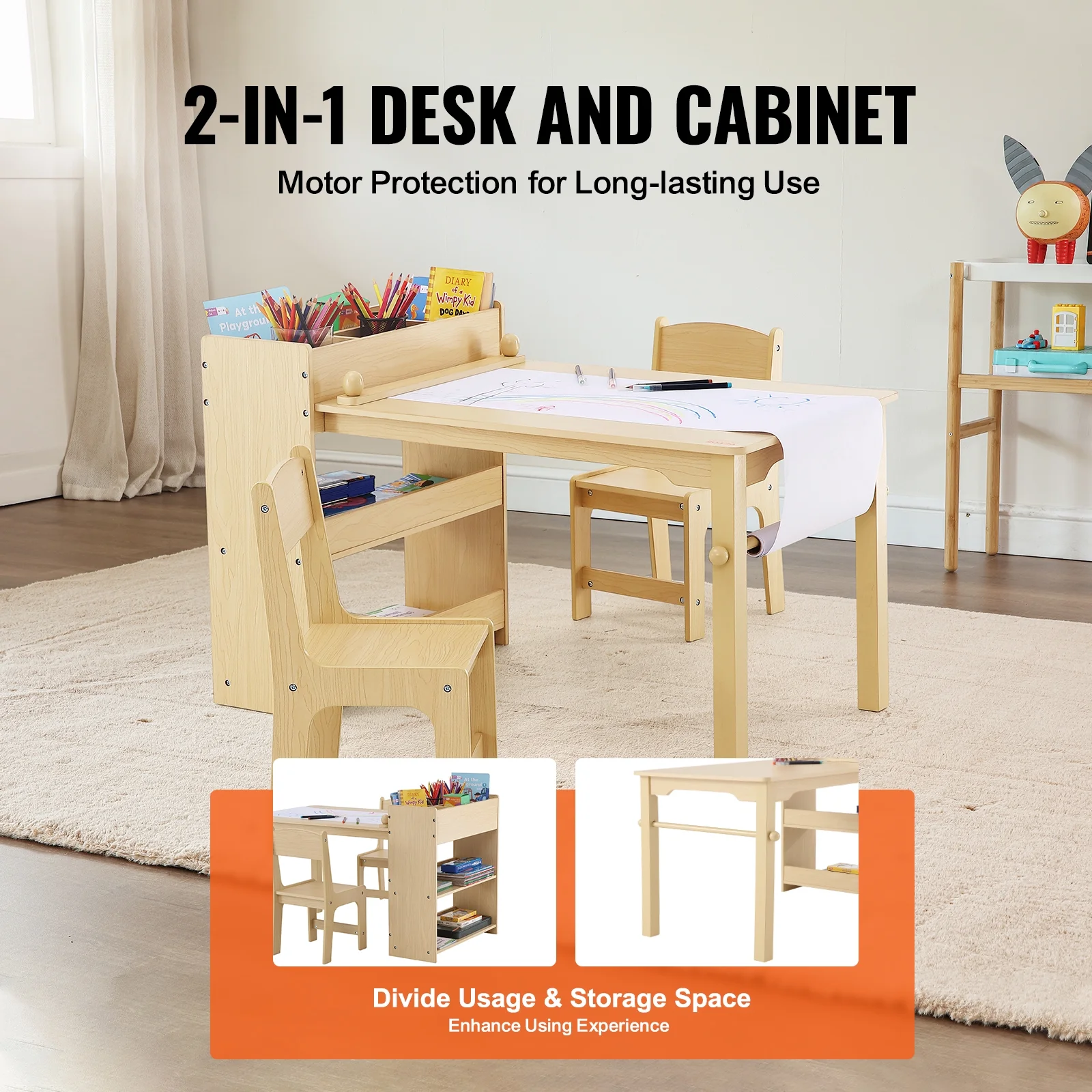 SKYSHALO 2-in-1 Kids Art Table and 2 Chairs Toddler Craft Set and Wooden Play Activity Drawing Table with A Cabinet Paper Roll Storage Bins