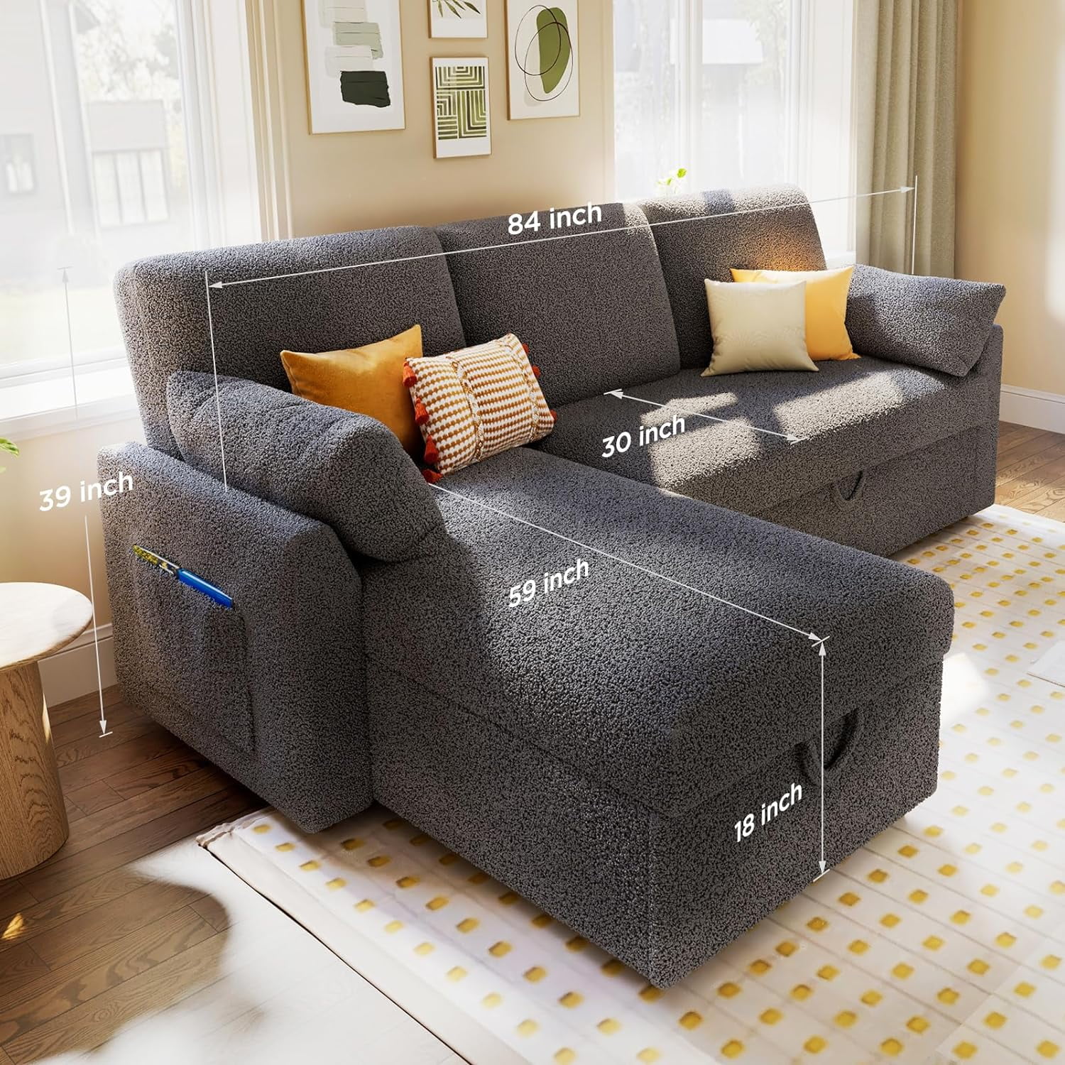 Papajet Sofa Bed, Sleeper Sofa with Storage Chaise, Pull Out Couch for Living Room- Gray Chenille