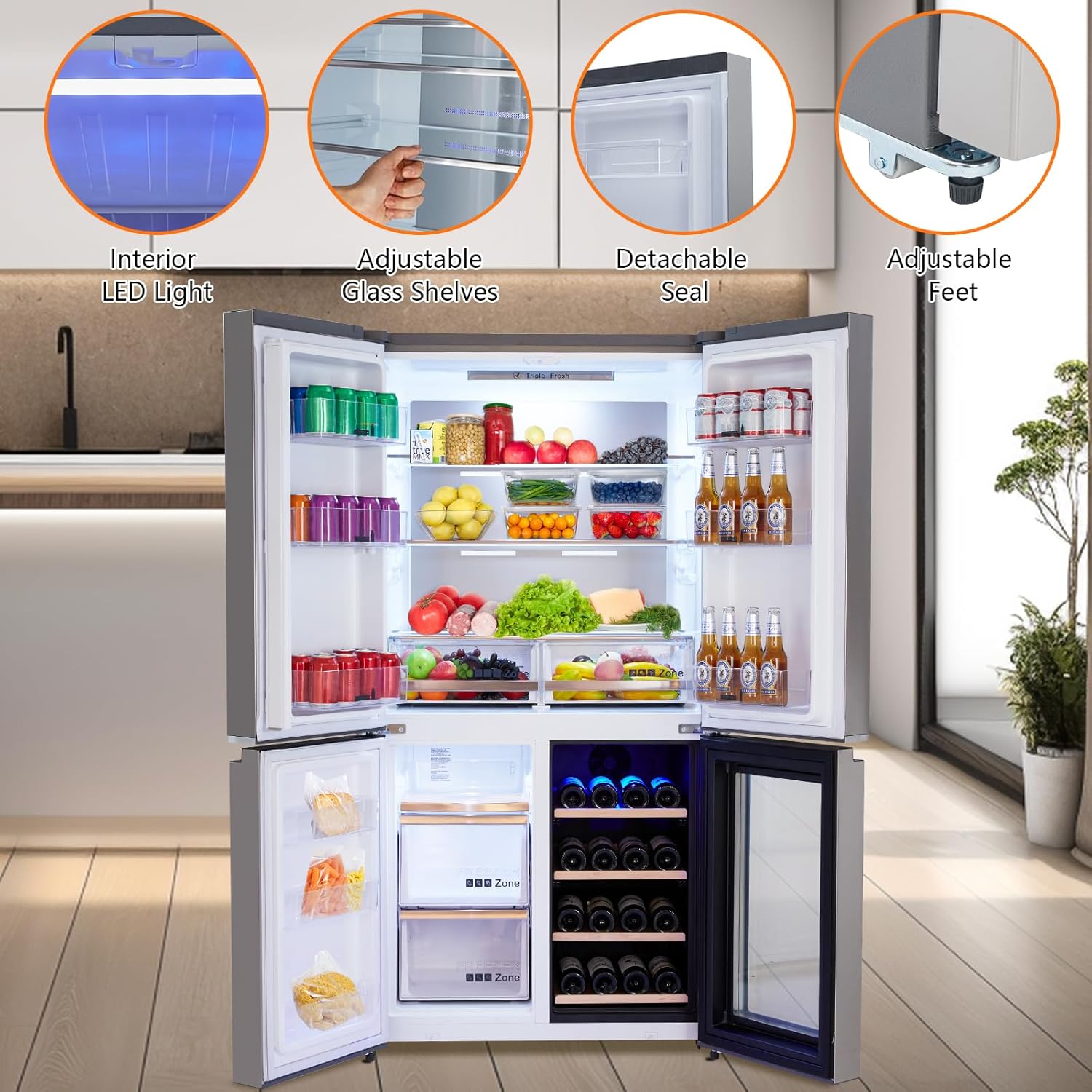 36 Inch French Door Refrigerator, 21 Cu.Ft. Counter Depth Refrigerator Bottom Freezer with Wine Cabinet, Stainless Steel 4 Doors Fridges Kitchen Freezer, Dual Ice Maker, Adjustable Shelves