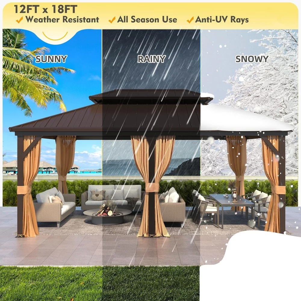 Richryce 12'x18' Hardtop Gazebo with Galvanized Steel Double Roof & Aluminum Frame, Outdoor Gazebo with Premium Curtains and Nettings