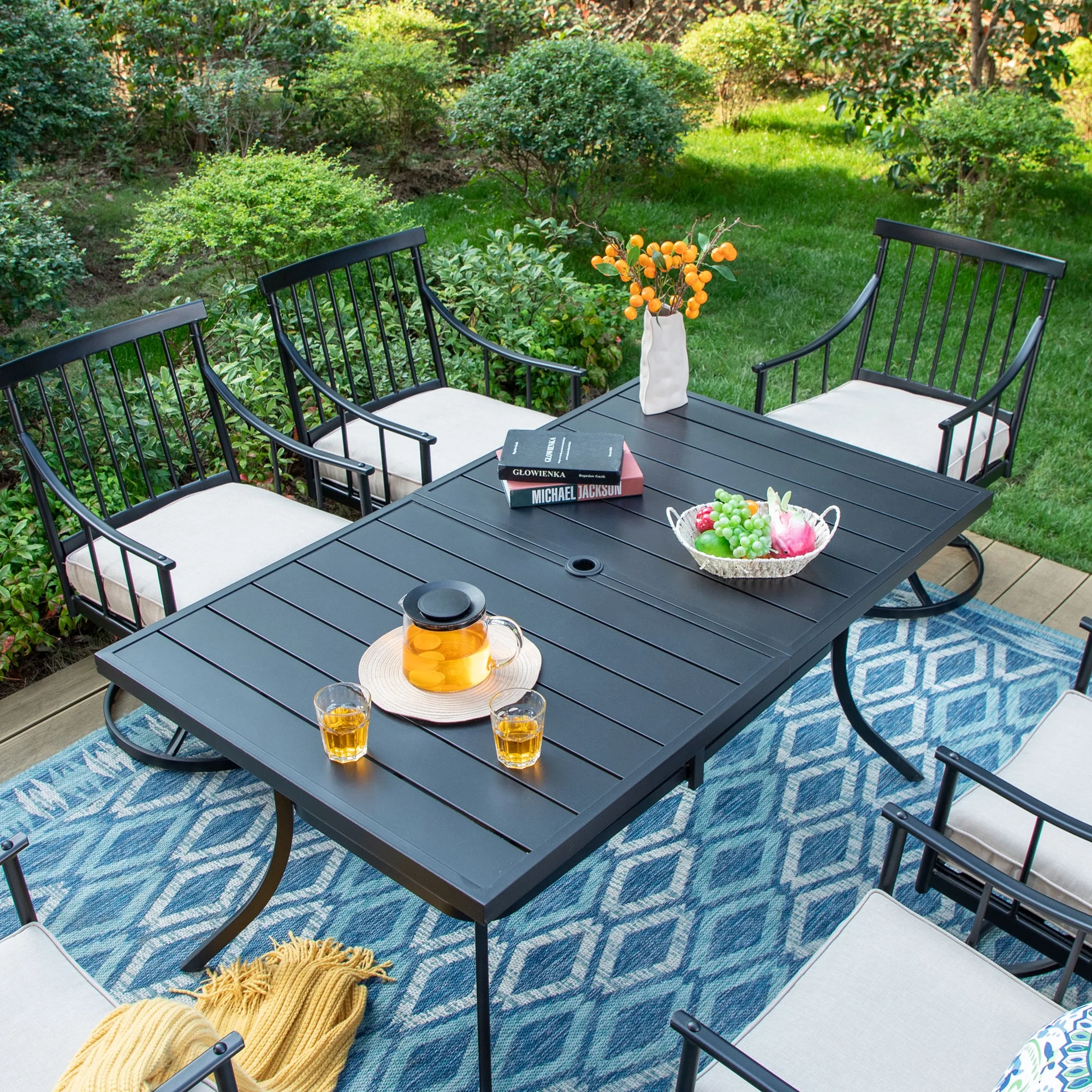 MF Studio 7-Piece Outdoor Dining Set with 6 Swivel Cushioned Chairs & Rectangular Table for 6-Person, All-Weather Metal Steel Furniture,  Black & Beige