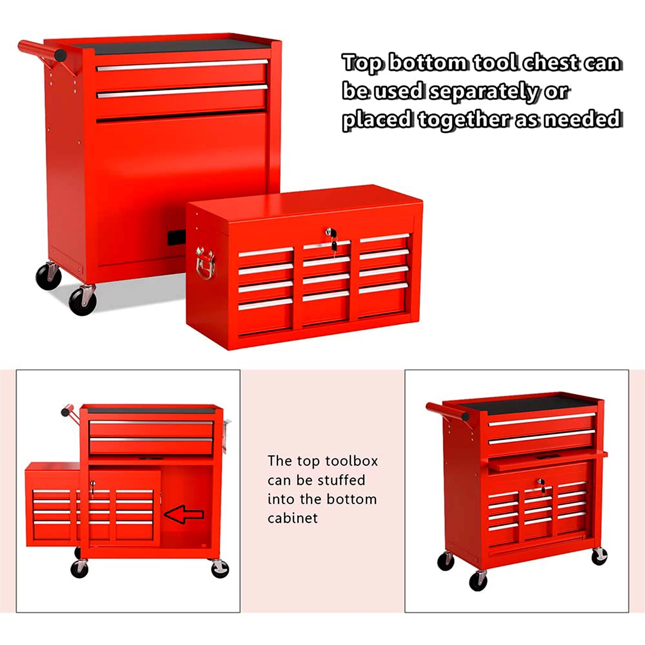 Aukfa Tool Chest, 2 in 1 Steel Rolling Tool Box & Cabinet On Wheels for Garage, 8-Drawer, Blue