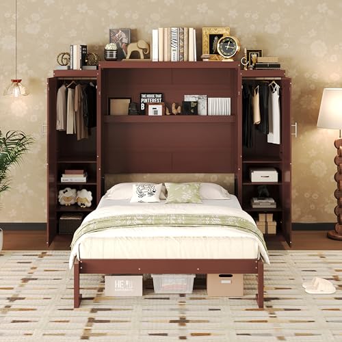 KLMM Wooden Murphy Bed Wall Bed with 2 Wardrobe and Storage Shelf,Foldable Platform Bedframe for Guest-Room Bedroom Study Office Use (White#E, Full)