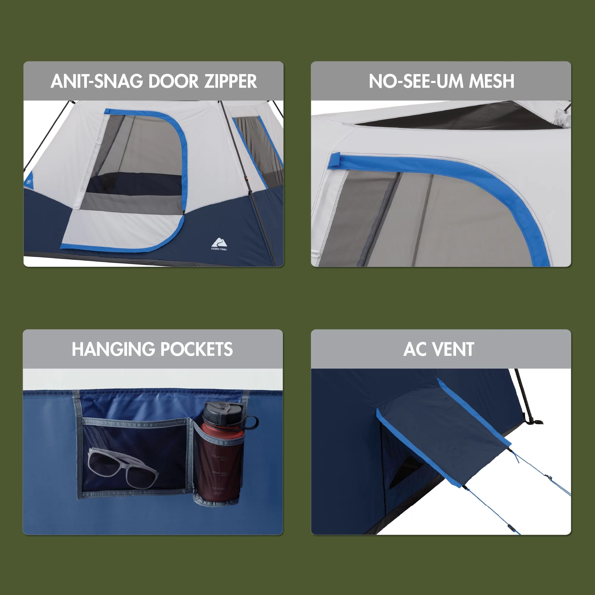 Ozark Trail 10’ x 9' 6-Person Instant Cabin Tent with LED Lighted Hub, 25 lbs