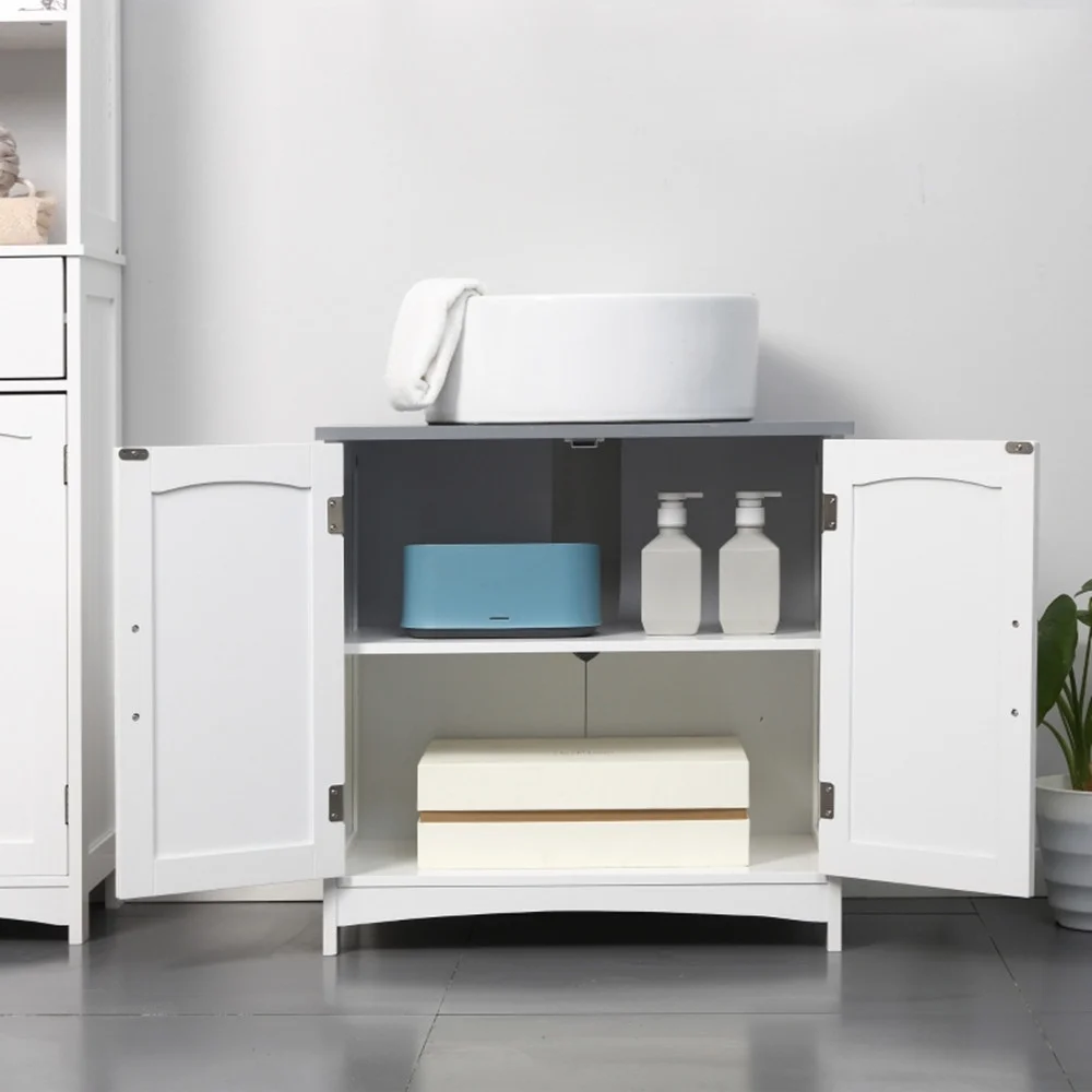 Pedestal Sink Storage Cabinet, Under Sink Cabinet with Double Doors, White-AS