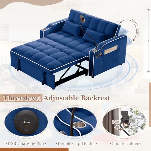Convertible Sleeper Sofa Bed, 3 in 1 Velvet Pull Out Loveseat Couch Modern Comfy Futon Sofa with Adjustable Backrest & Phone Holder & USB Charging Space Saving for Living Room, Small Apartment, Grey