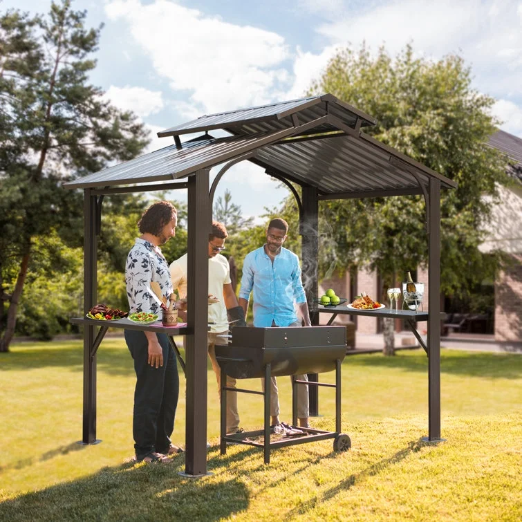 Domi Outdoor Living Aluminum BBQ Gazebo Outdoor Metal Frame with Shelves Serving Tables, Permanent Double Roof Hardtop Gazebos for Patio Lawn Deck Backyard, and Garden (Dark Brown) - Curated Treasures Market