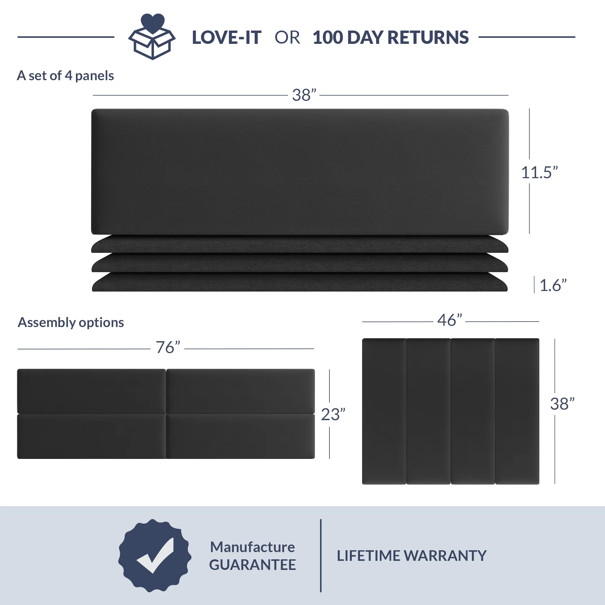 Upholstered Wall Panels Headboards - Pack of 4 Panels, Black (Each Panel 38" x 11.5")