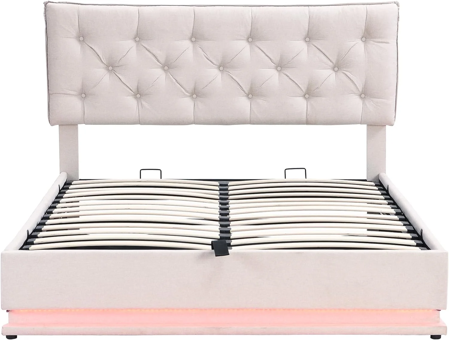 Queen Upholstered Bed With Lift Up Storage And LED Light, Modern Queen Platform Bed With Button-Tufted Headboard, Wood Queen Size Bed Frame For Bedroom, Linen, Beige, HZG-SF000039AAA