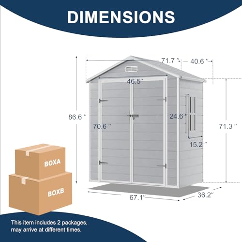 8x6x7 FT Resin Storage Shed, Waterproof Outdoor Storage Shed w/Floor, 2 Windows, Double Lockable Doors & Vents, Tool Shed for Patio Garden, Lawn, Backyard, Dove Grey
