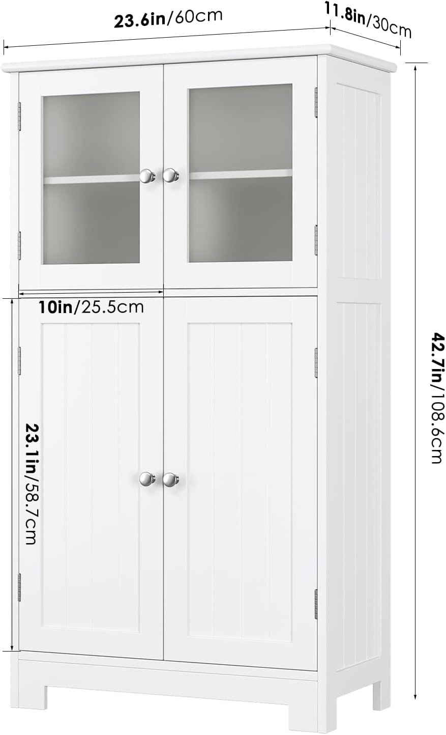 HORSTORS Bathroom Cabinet, Linen Storage Cabinet with Doors, Wooden Floor Cabinet with Adjustable Shelves for Bathroom, Living Room, Office, White