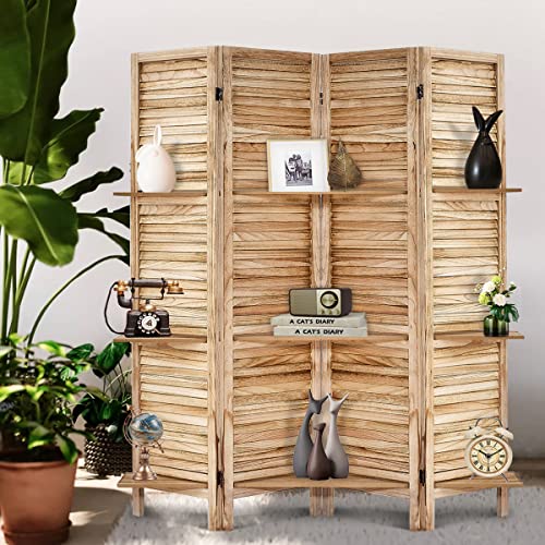 Room Divider with Shelves, Privacy Screen, Room Dividers and Folding Privacy Screens, 5 Panel Wood Temporary Wall Partition Separation Separator, Coconut