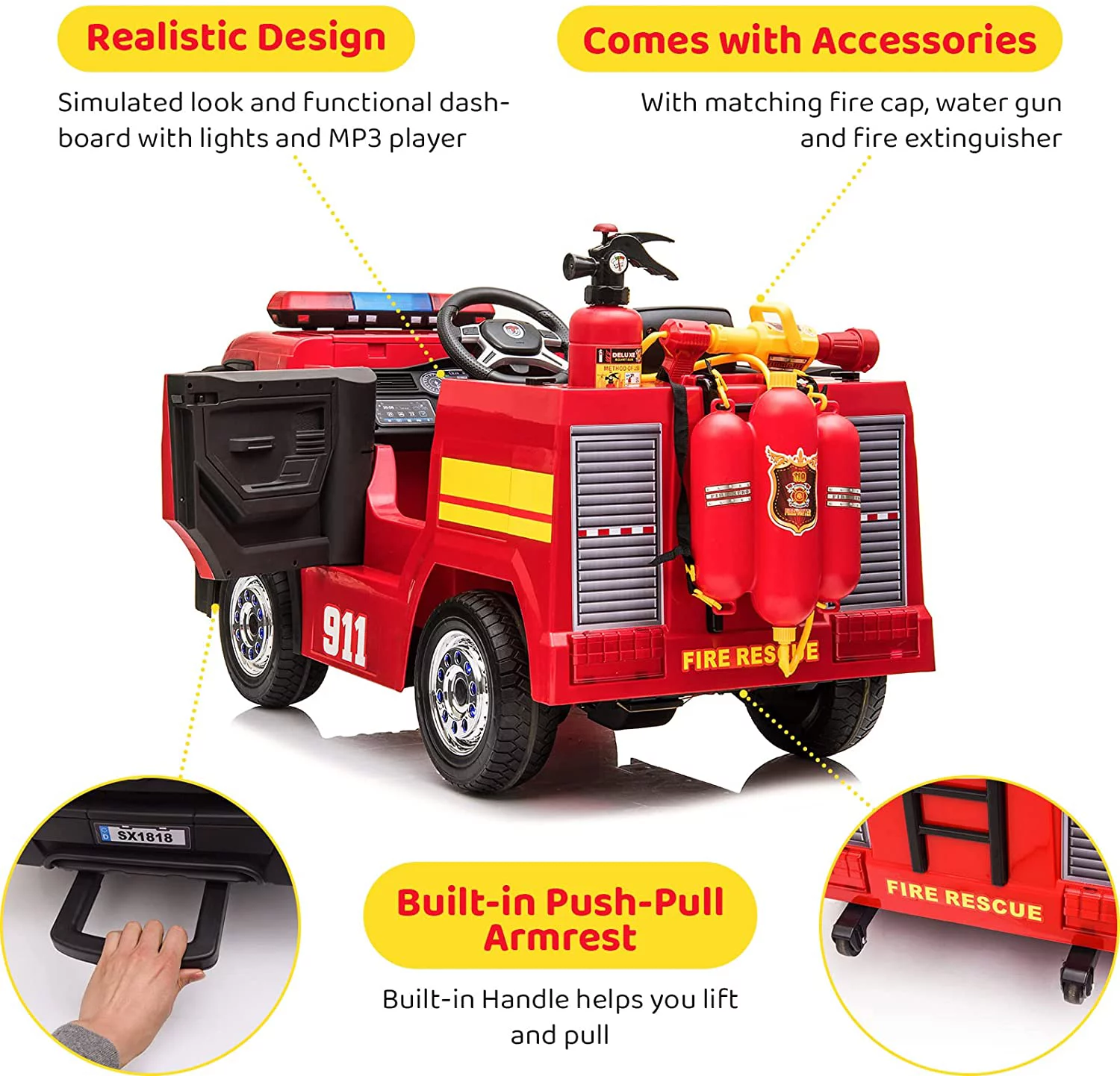 LAZY BUDDY Kids 12V Ride On Fire Truck Battery Powered Ride-Ons Toy Car with Remote Control, Siren for Boys Girls 3-6 Years