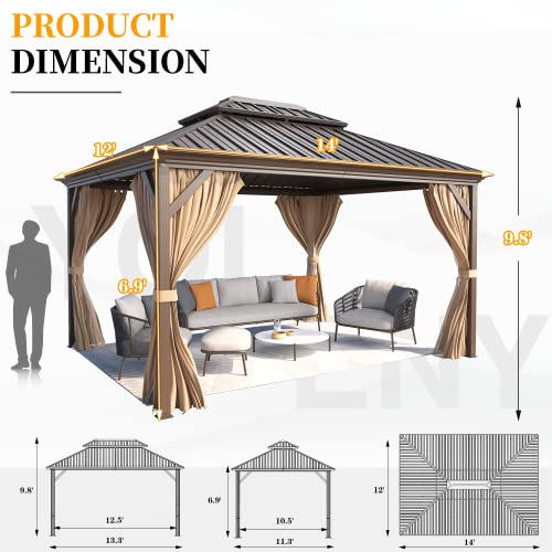 YOLENY 10' x 12' Hardtop Gazebo, Wood-Looking Gazebo with Galvanized Steel Double Roof, Aluminum Frame, Permanent Metal Pavilion with Netting and Curtains for Deck, Backyard, Patio and Lawns
