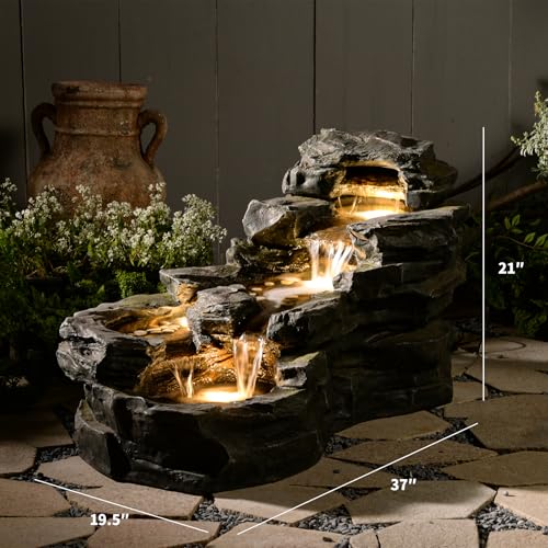 37" L Garden Outdoor Water Fountain, Floor Standing 5-Tiers Rock Natural Waterfall Outdoor Fountains with LED Lights for Patio, Porch, Home Art Decor
