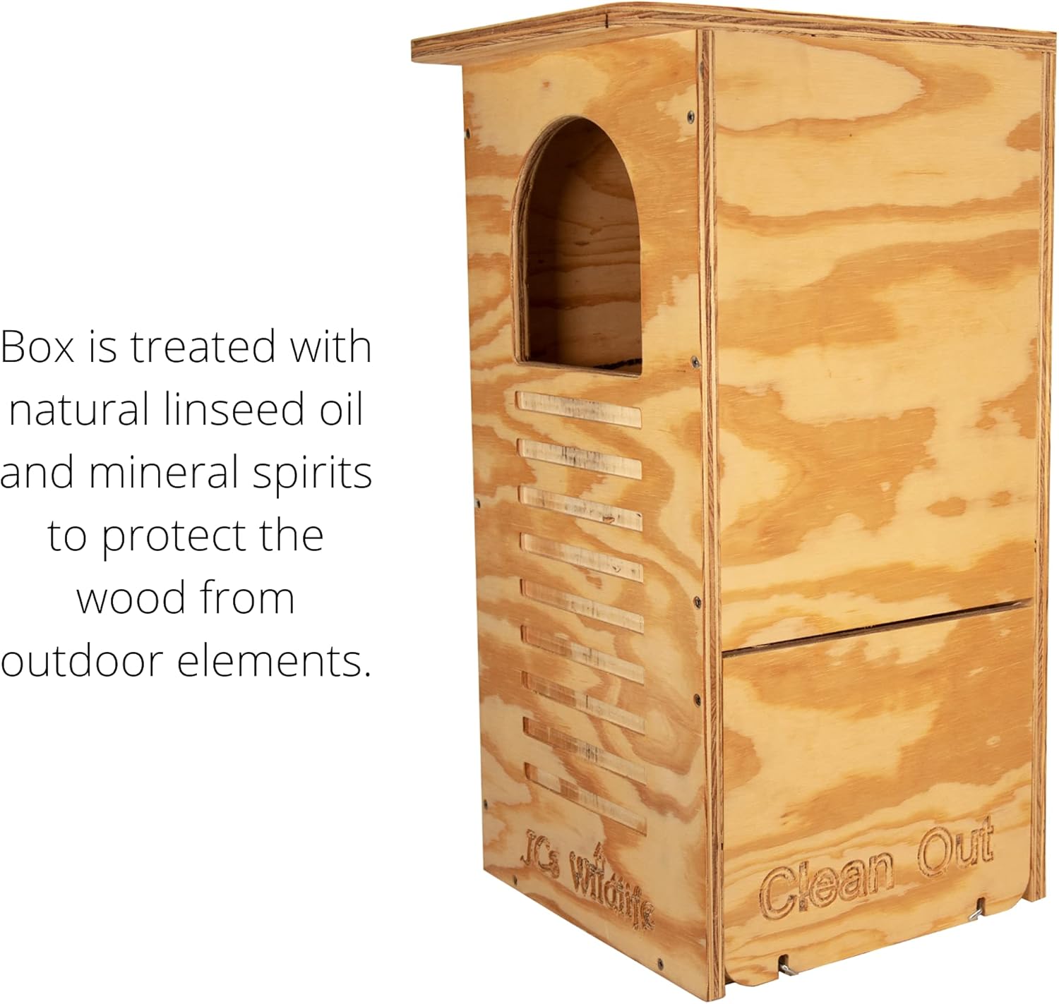 JCs Wildlife Barred Owl Nesting Box - Treated Exterior Grade Plywood - Mounting Hardware and Pine Shavings Included - Dedicated Clean Out Door for Easy Cleaning - Made in The USA