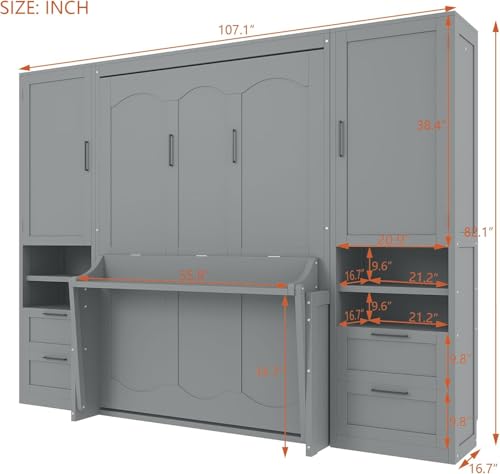 MERITLINE Full Murphy Bed with Desk and Storage 2 Closet,Drawers&Shelves, Wood Folding Murphy Wall Bed Cabinet for Adults (Full,White with Drawers)