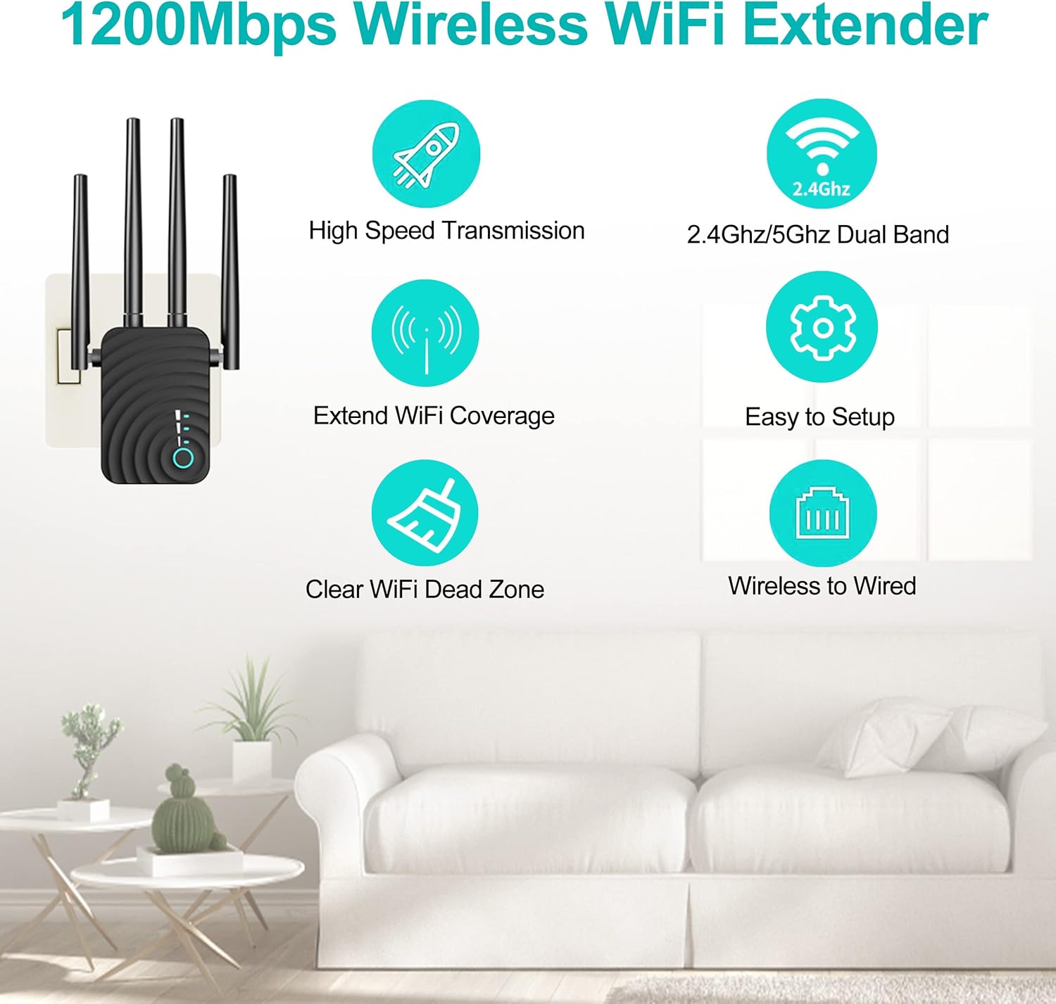 WiFi Range Extender Signal Booster, Covers up to 5000sq.ft and 35 Devices, 1200Mbps Wireless Internet Amplifier, 2.4 & 5GHz Dual Band WiFi Repeater with Ethernet/LAN Port Pack of 2